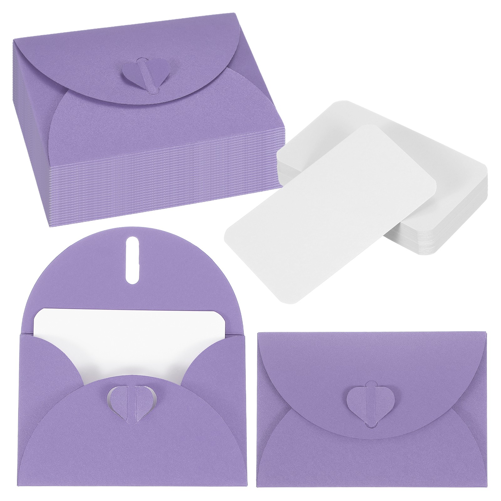 50 Set 4.1×3″ Mini Envelopes with Heart Clasp Blank Note Cards, Purple