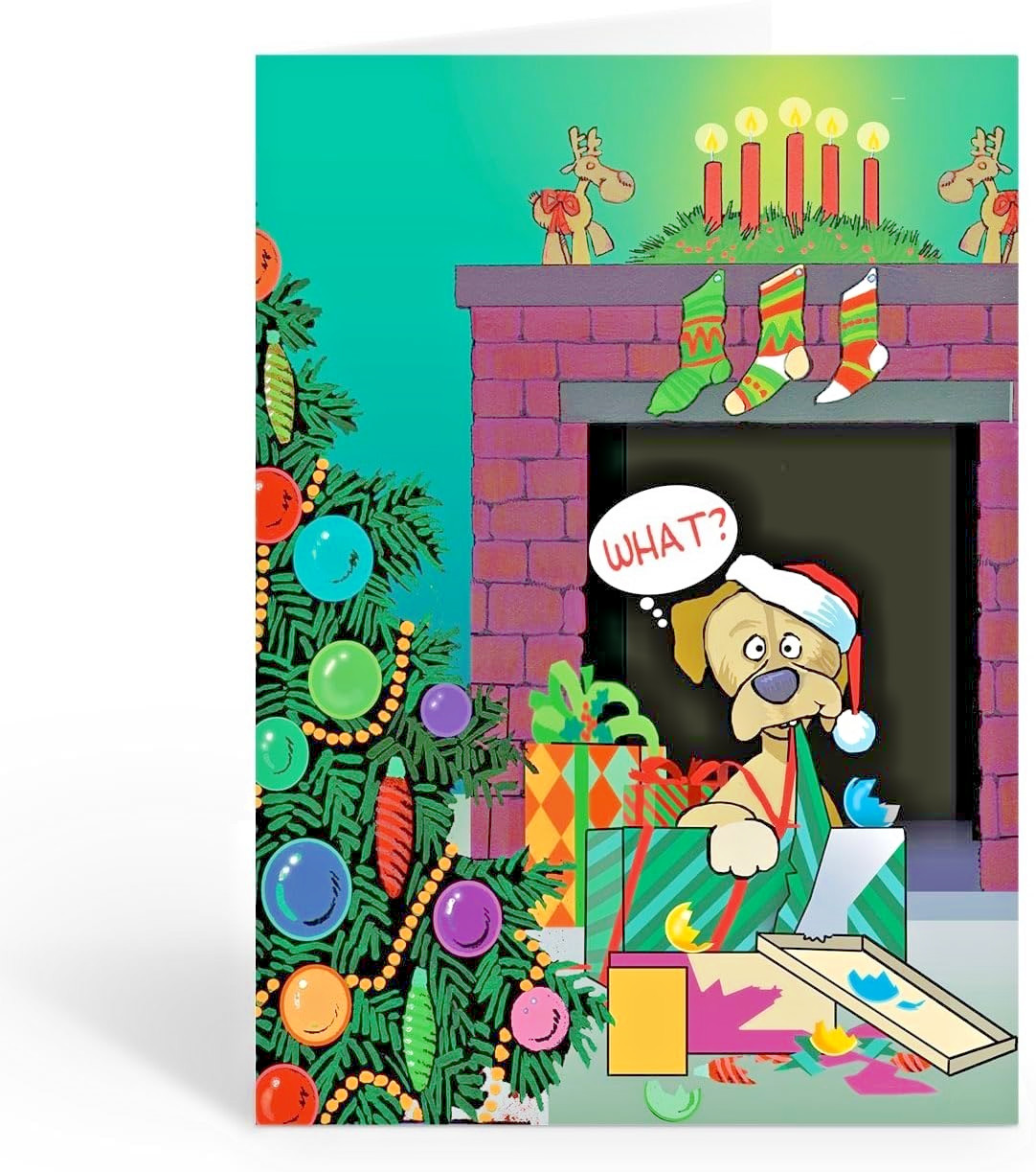 Funny Dog opening Presents Christmas Card with envelope