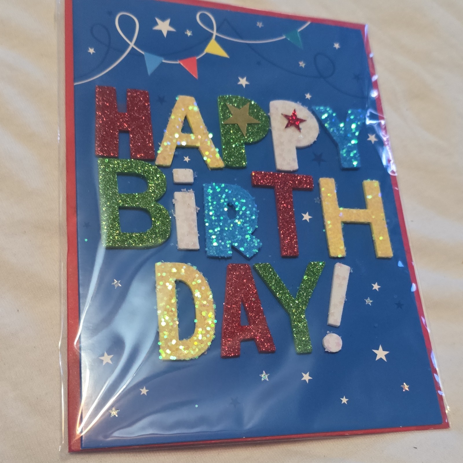 Happy Birthday Glitter Letters Folded Greeting Card, Blue Multicolor Stars