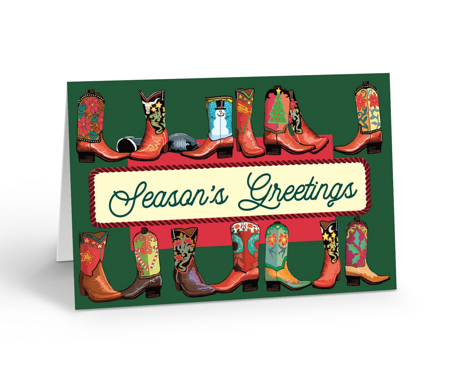 Cowboy Boots Western Christmas Cards – 12 Cards w/Envelopes – Size 6.25″ x 4.5″