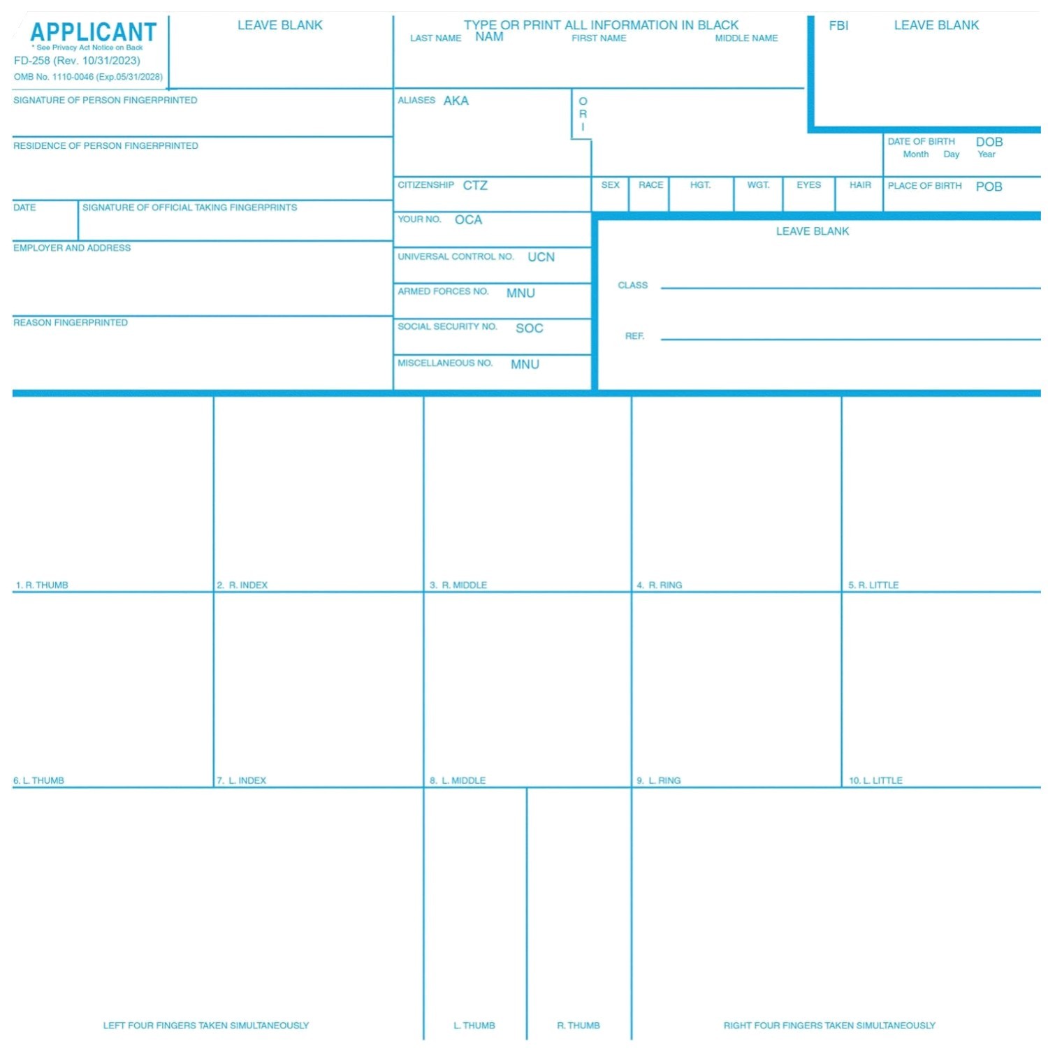 Trusted FD-258 Applicant Cards 250 Count
