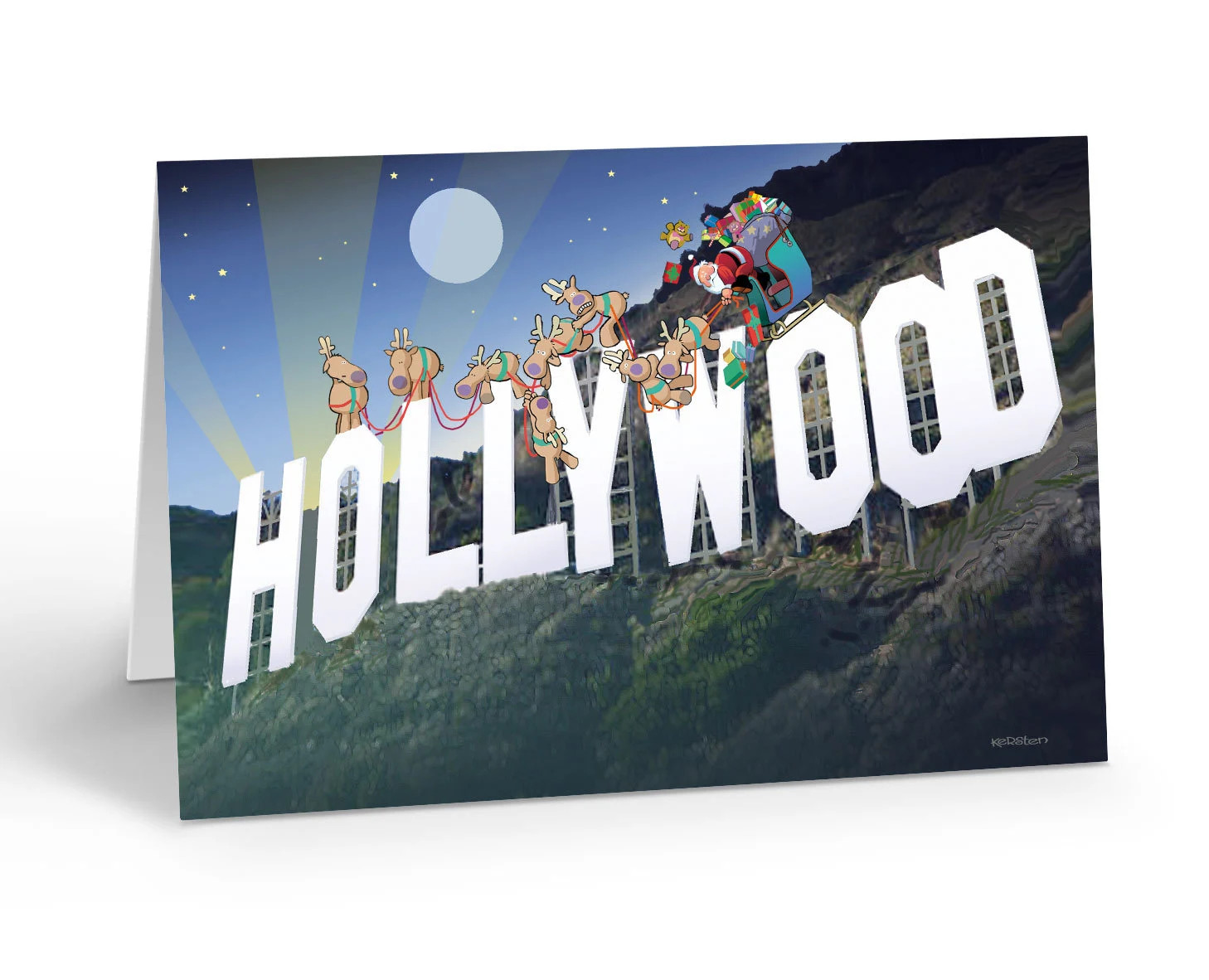 Santa and Reindeer Have Arrived in Hollywood Holiday Card – 12 Cards and Envelop