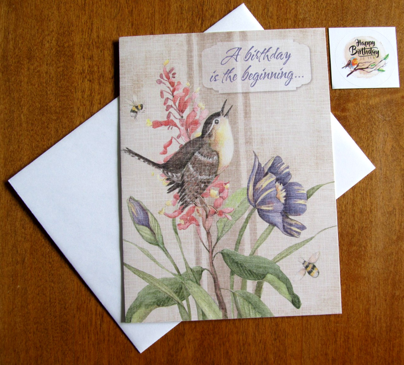 NOS Current Birthday Greeting Card, Env. & Seal – Bird Perched on Pink Flower