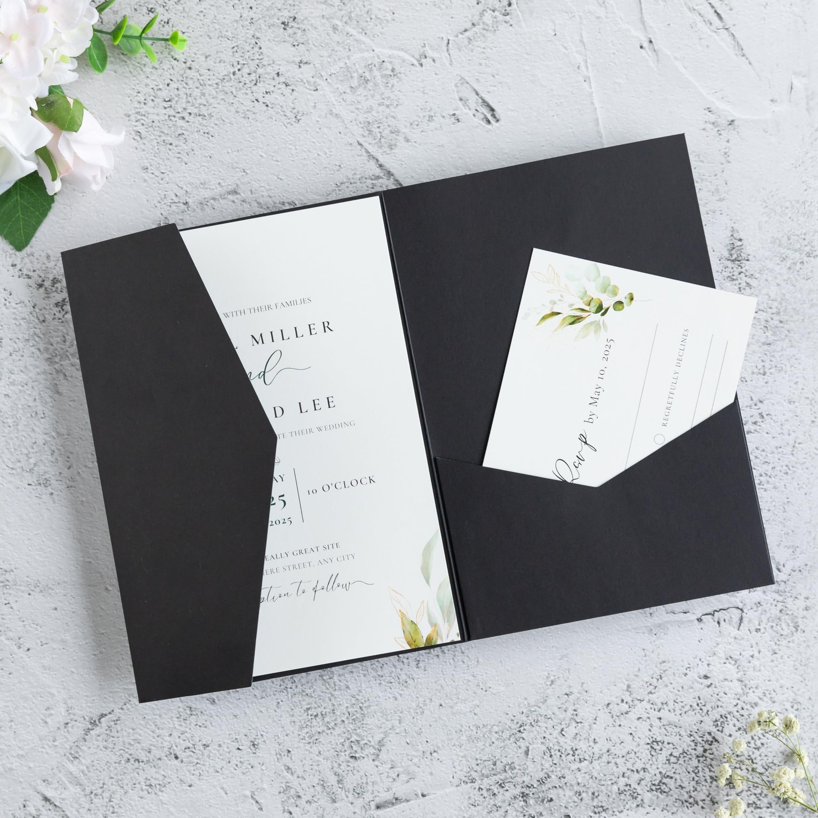 20 PCS Black Tri-fold Laser Cut Wedding Invitation Pockets for 5×7 Wedding Ca…