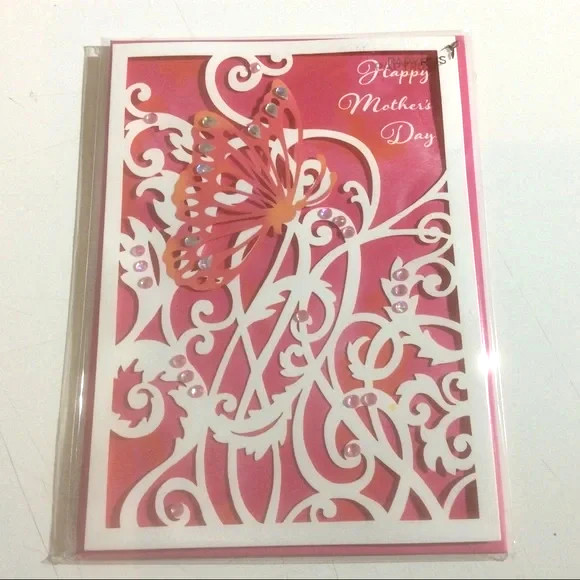 NEW Papyrus Mother’s Day Card 3D Butterfly Floral Rhinestone Pink Envelope