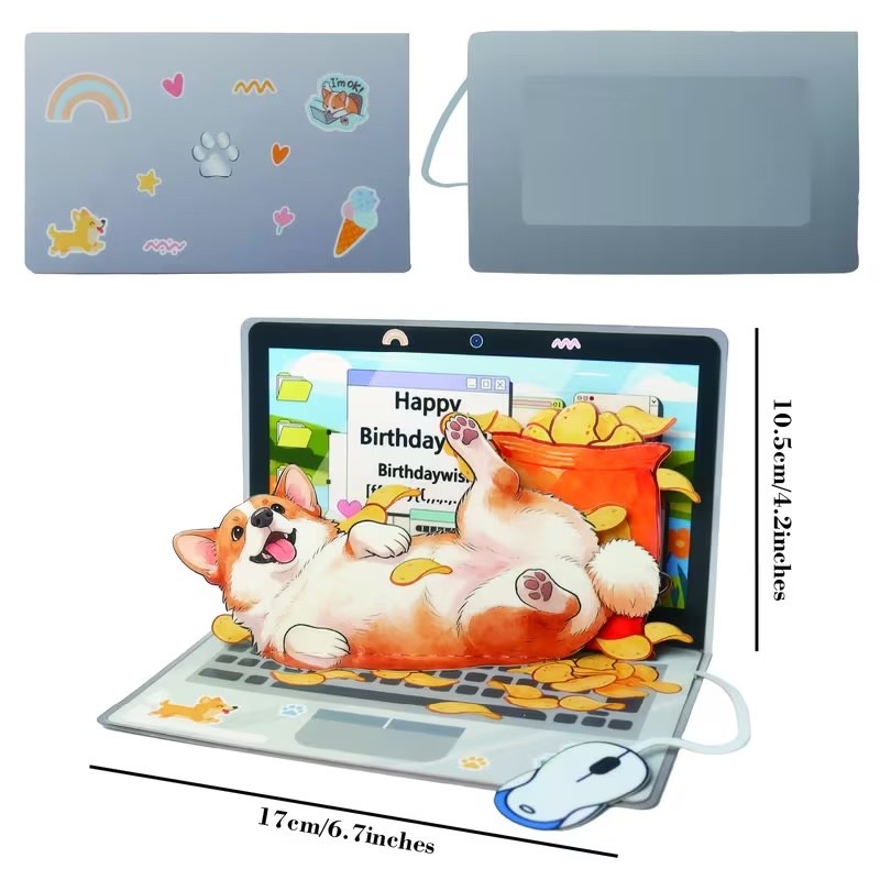 3D Pop Up Birthday Funny Corgi Dog Happy Birthday Box Card with envelope
