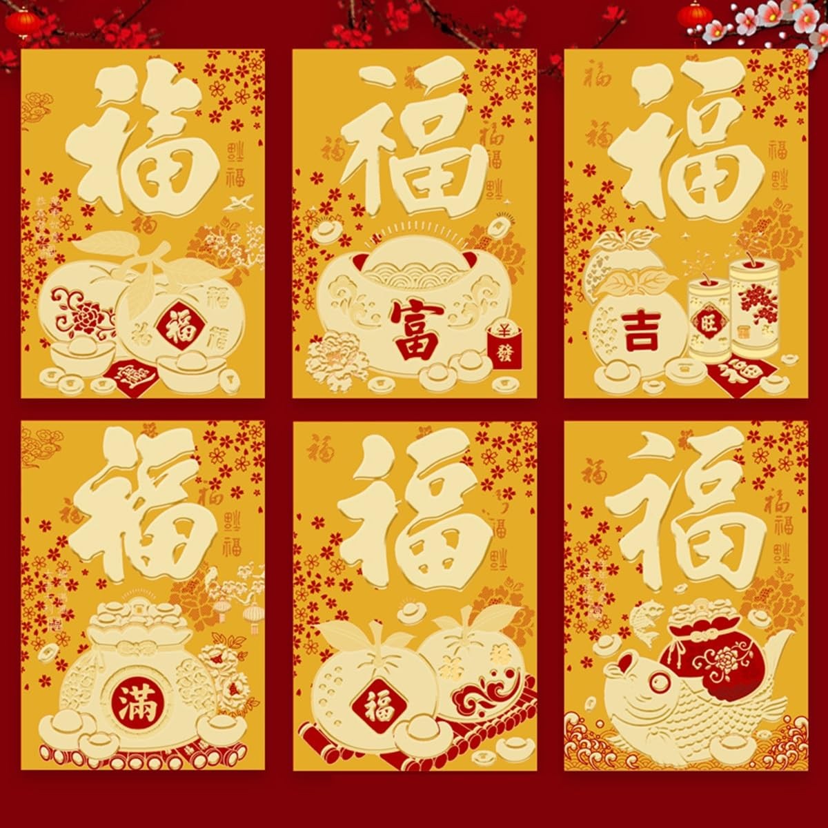 60 PCS Chinese New Year Red Envelopes Gold FU Hong Bao 4.53×3.15 Inch