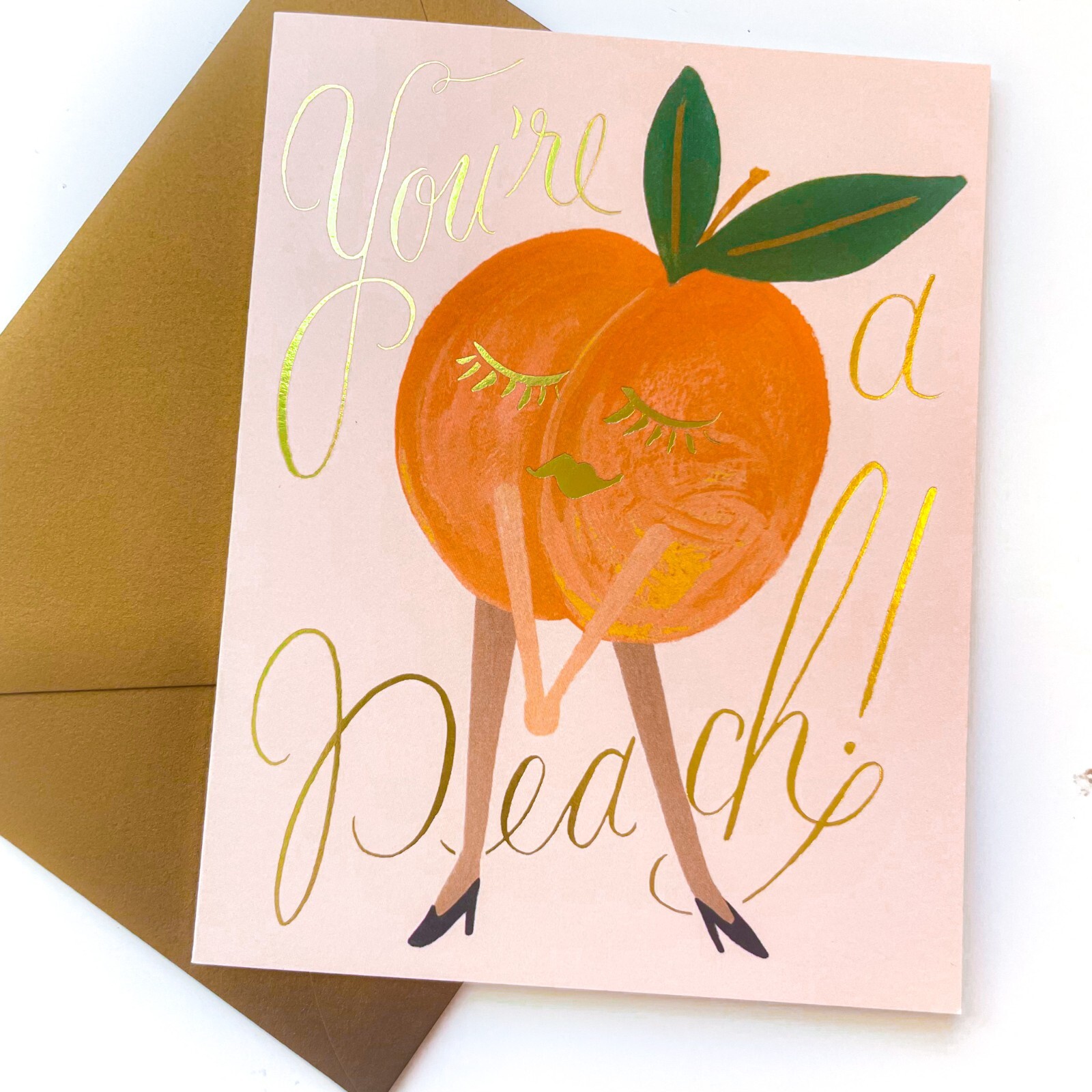 RIFLE PAPER CO. Greeting Card & Envelope – “YOU’RE A PEACH” Gold Metallic Blank