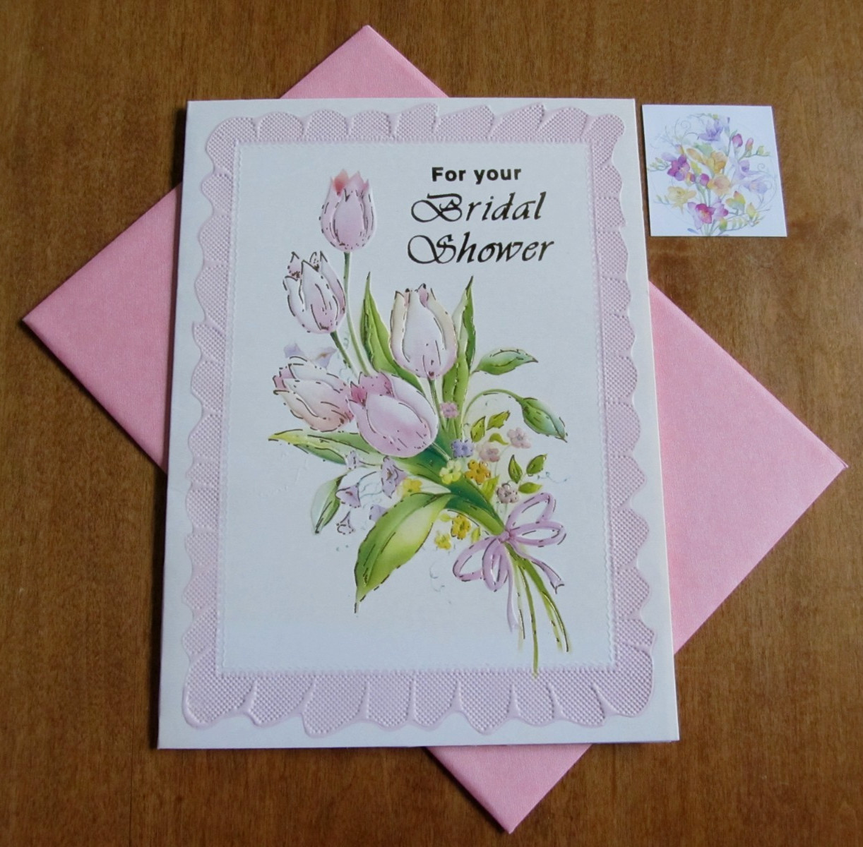 NOS Bridal Shower Greeting Card, Env. & Seal – Pretty Pink Tulip Bouquet