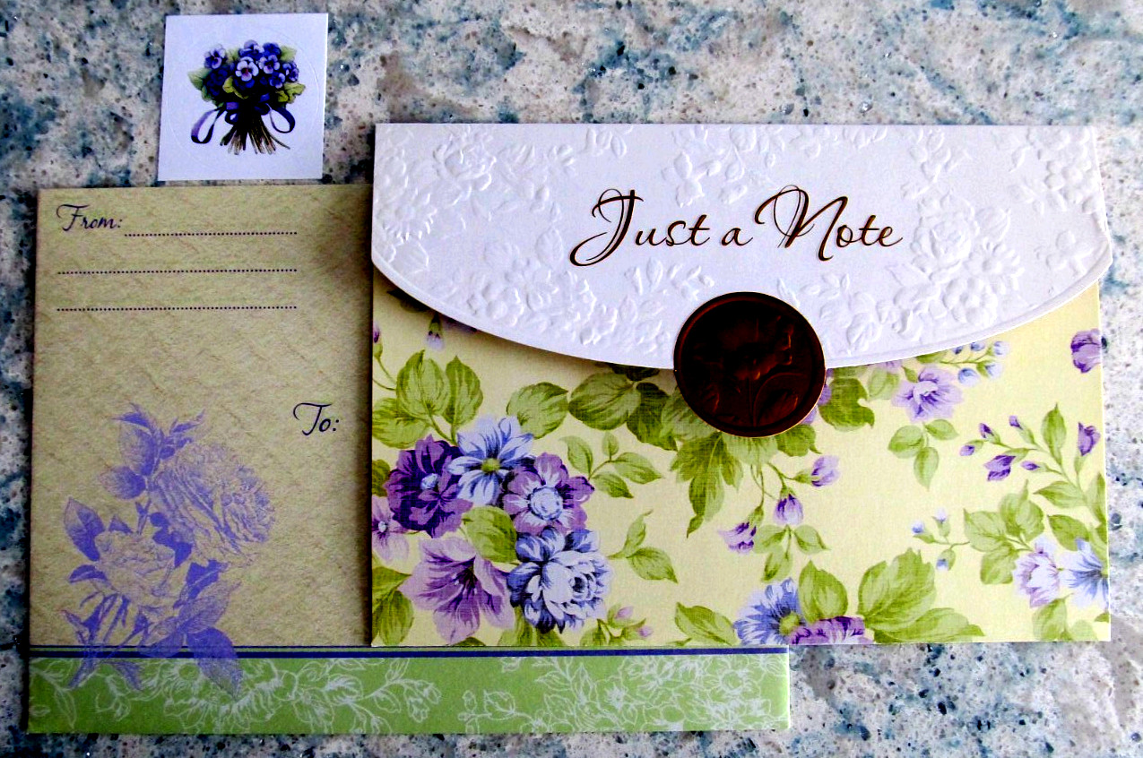 One NOS Just-A-Note Tri-Fold Stationary Card, Matching Env. & Seal Purple Floral