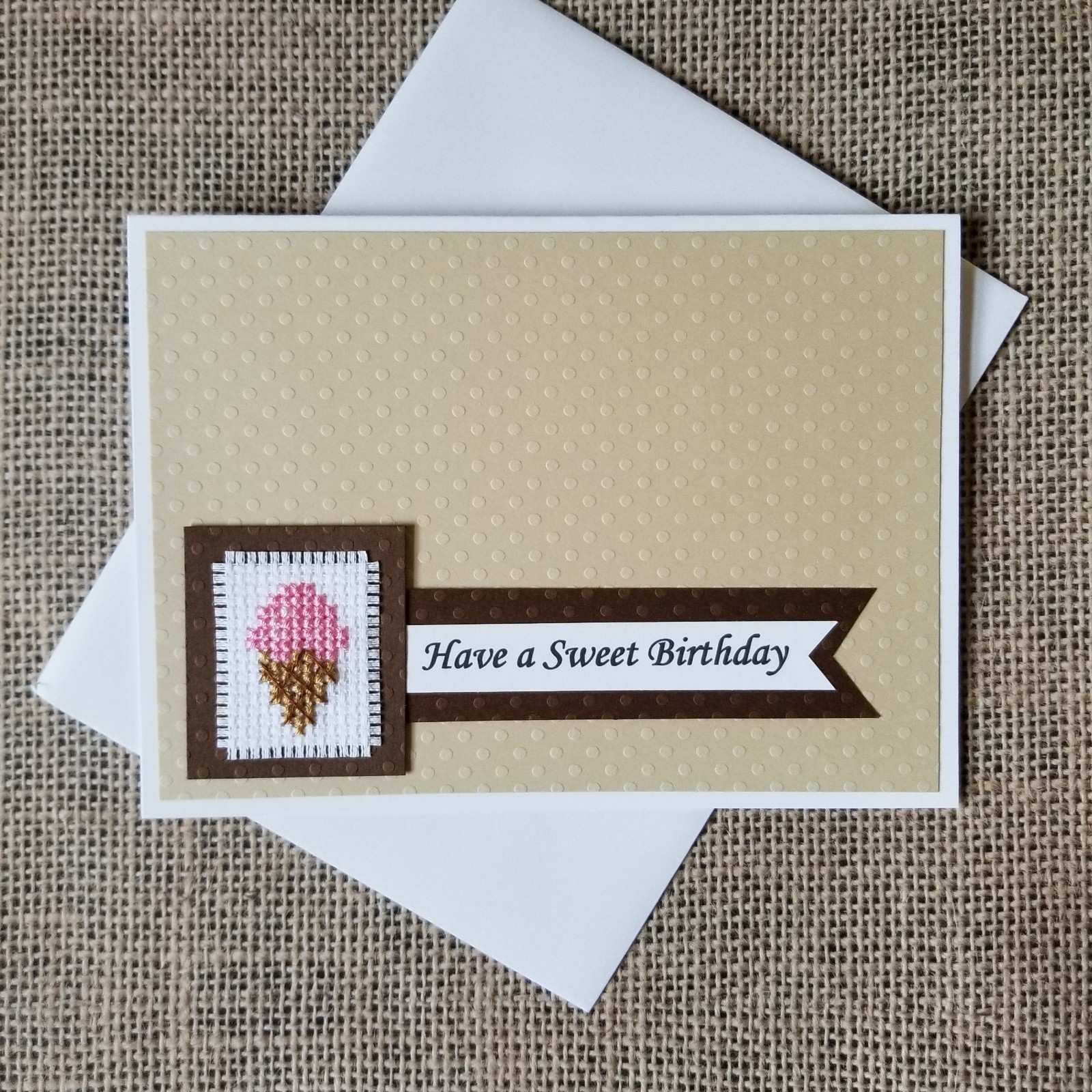 Finished Completed Cross Stitch Birthday Ice Cream Cone Blank Note Greeting Card