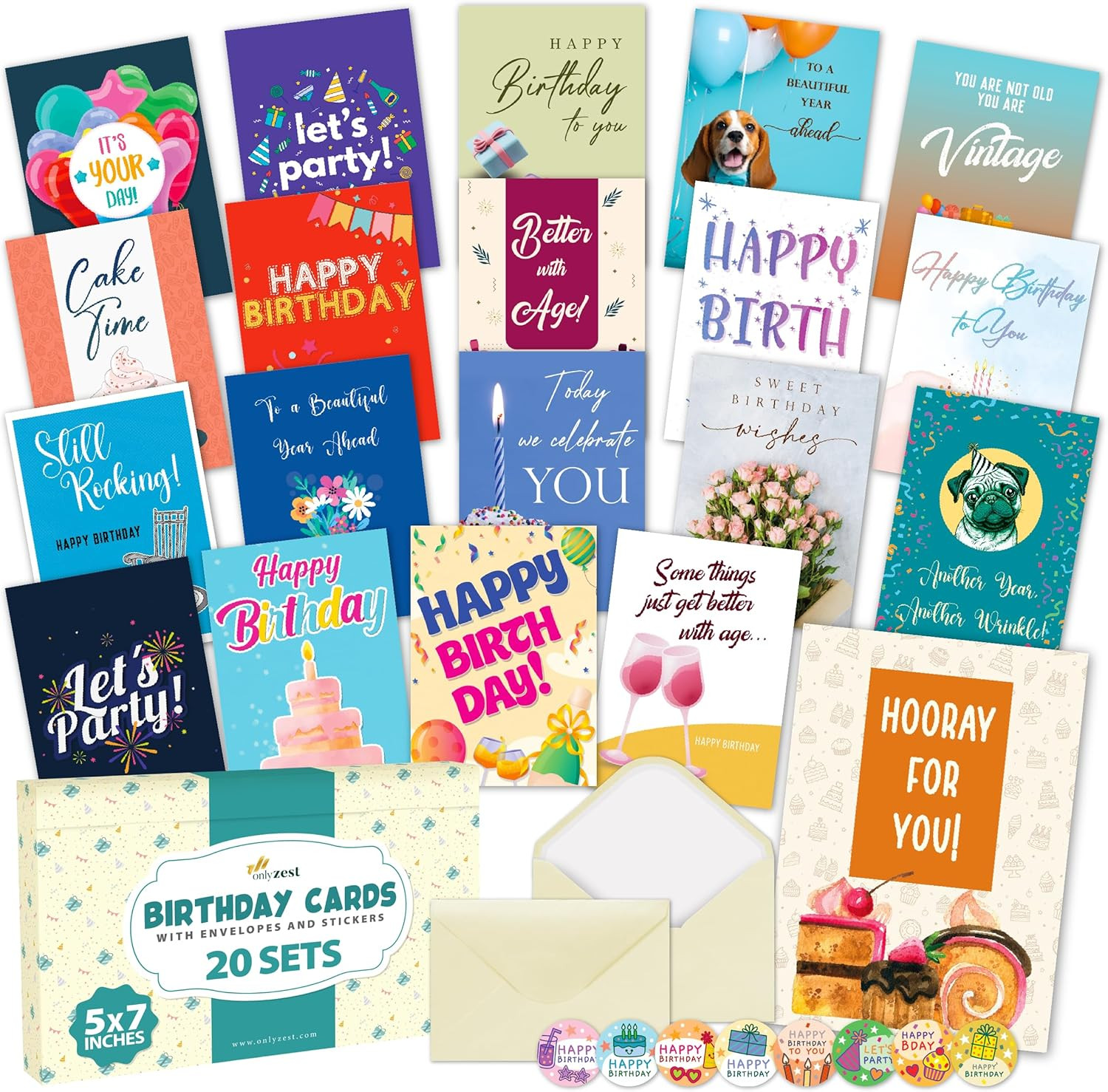 20 Pack Assorted Happy Birthday Cards Bulk Boxed Set – Thick 5X7 Inch Card Assor