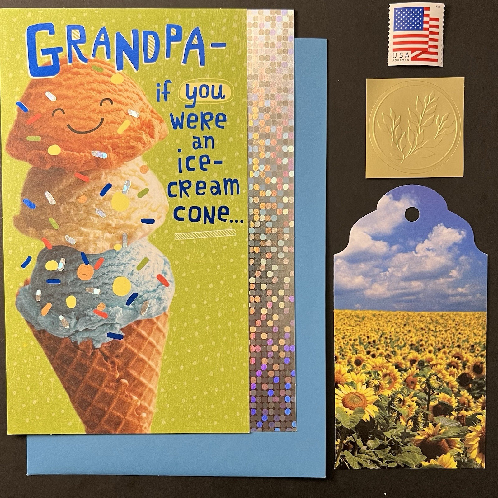 Funny Grandpa FATHER’S DAY Ice Cream Card Shimmery w/Gift Tag/Env/Seal/Stamp BN