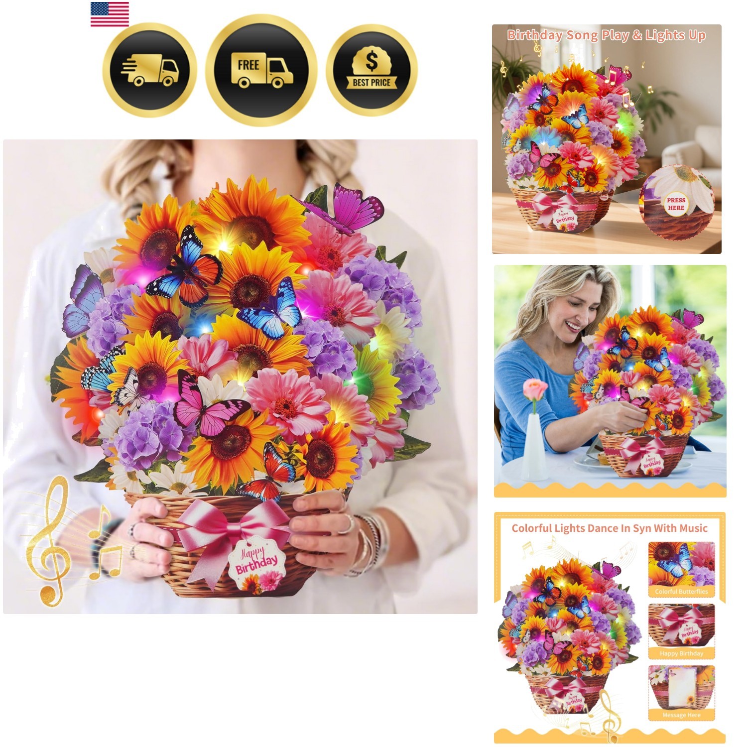Birthday Cards with MUSIC & LIGHTS, Pop Up Happy Birthday Card, Sunflower & B…