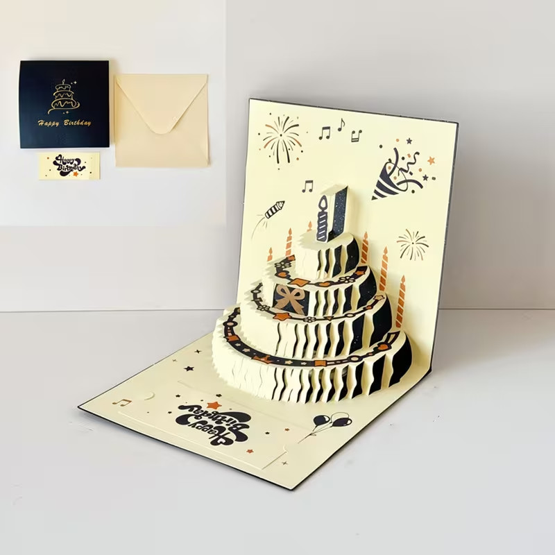 Blue 3D Pop Up Birthday Cake Cards Foldable Greeting Card for Kids Adults
