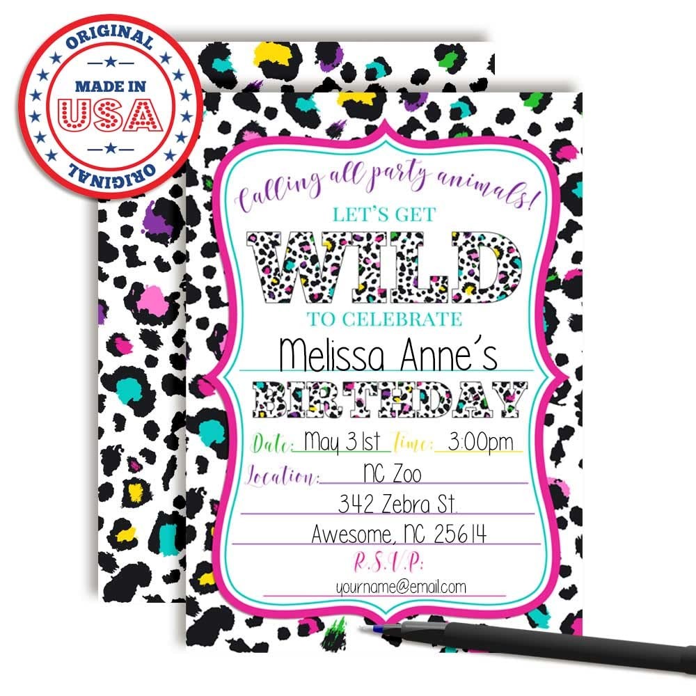 20 PCS Wild Animal Print Birthday Party Invitations FillIn Cards 5×7 Inch