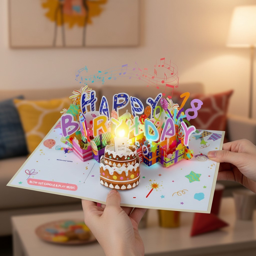 Magical 3D Musical Birthday Card with Blowable LED Candle & Customizable Numbers