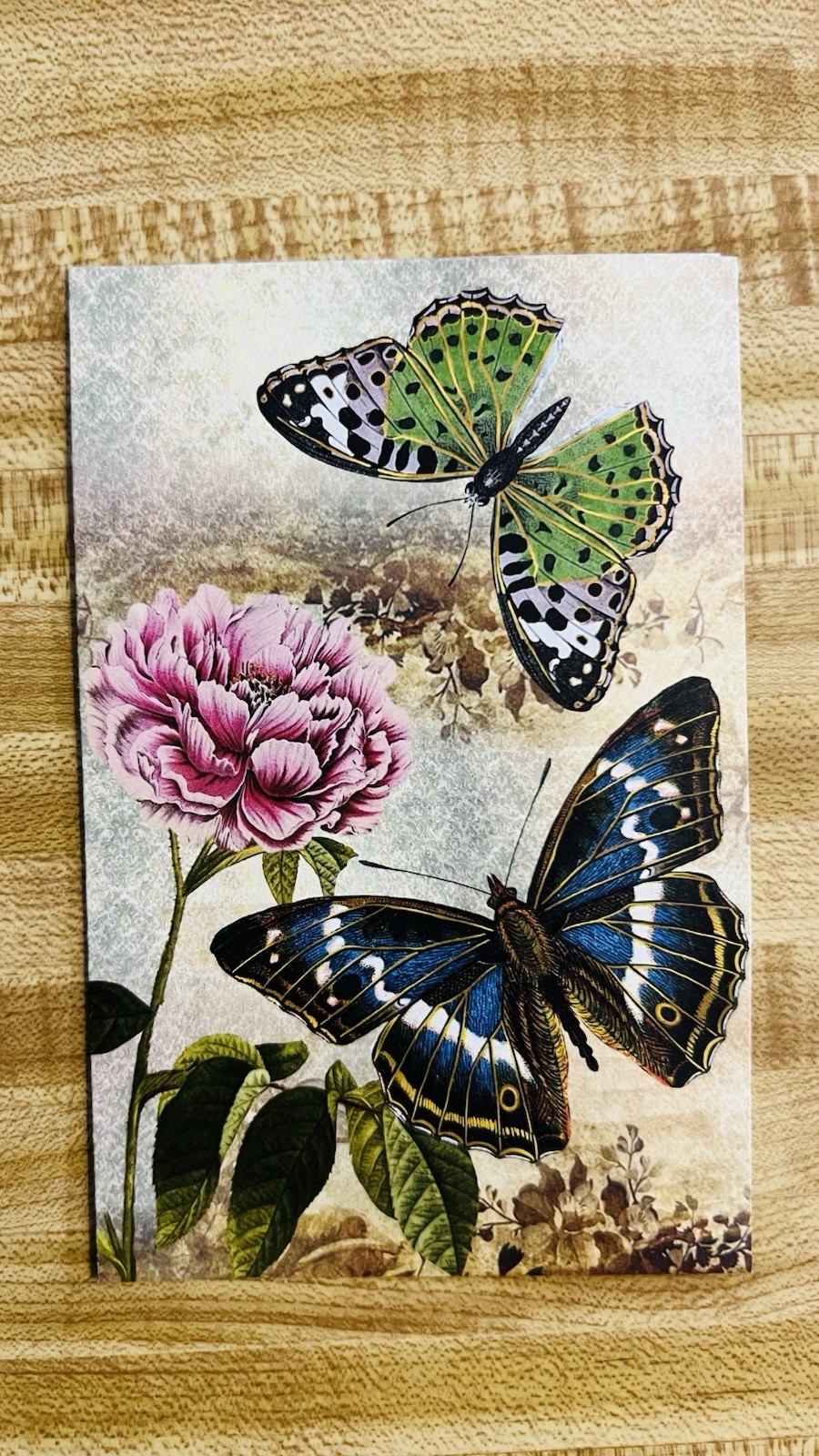 blue-winged butterfly alongside a pink flower Thank You Greeting Card NOS