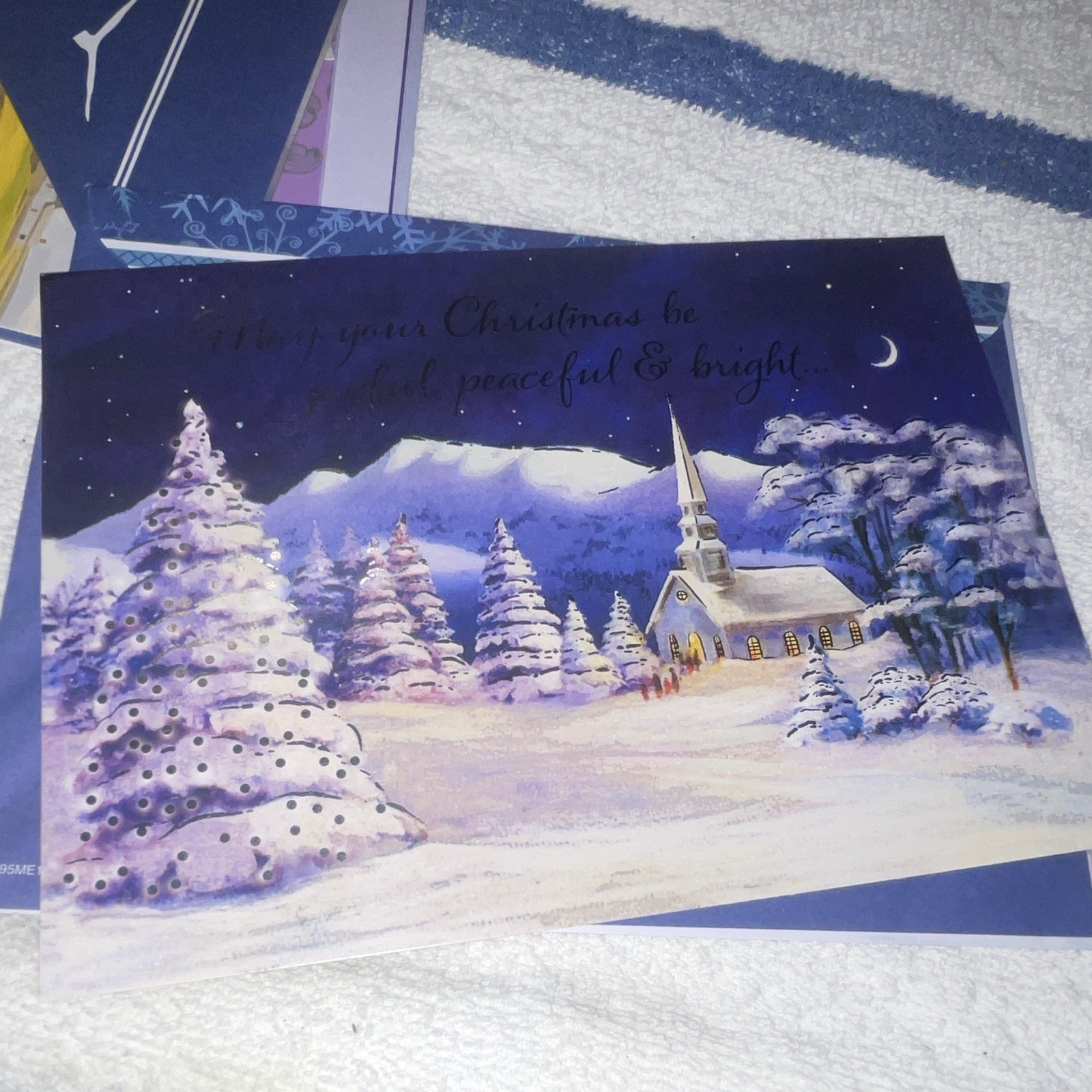 Christmas Folded Greeting Card, Snowy Church Winter Scene, Blue & White