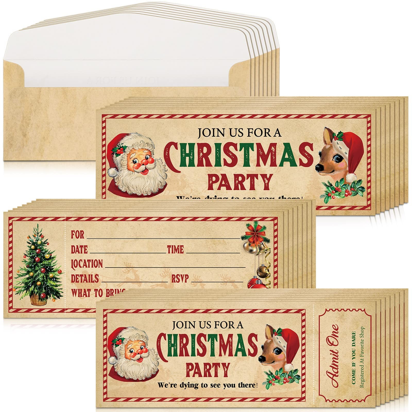 50 PCS Christmas Invitations Envelope, 25 Ticket Invites Santa Fill In Blank