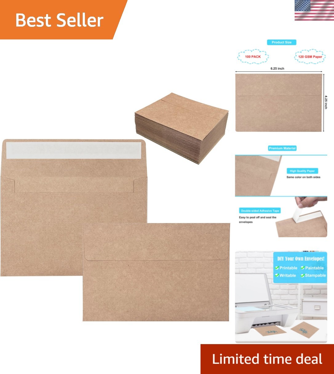 100 Pack 4×6 Envelopes for Invitations, Brown Kraft Envelopes, Self Seal A4 E…