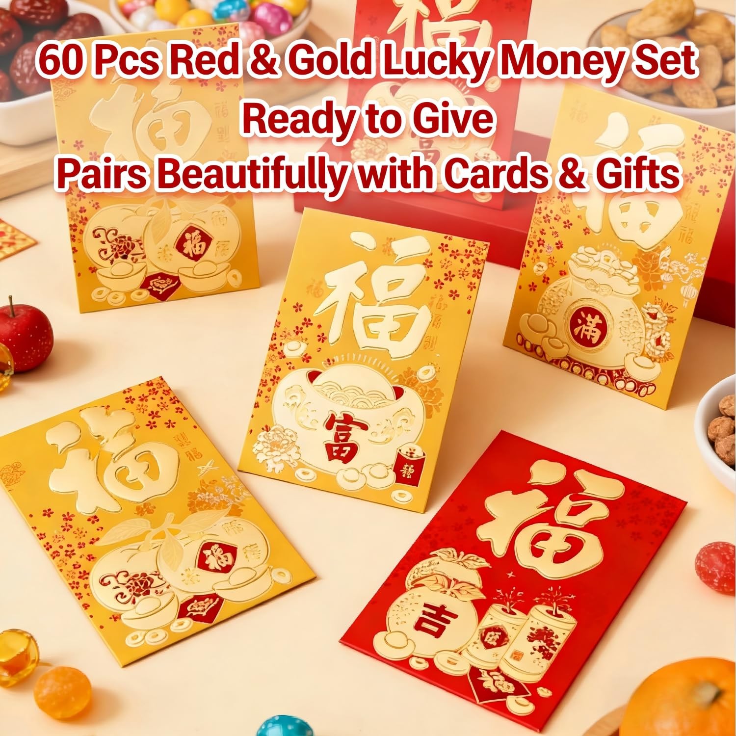 60 PCS Chinese New Year Red Envelopes Gold FU Hong Bao 4.53×3.15 Inch