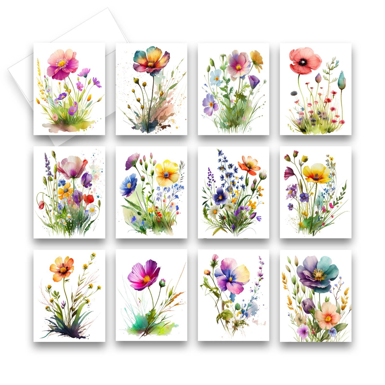 12 Assorted All Occasion Note Cards Blank with Envelopes – Wildflowers