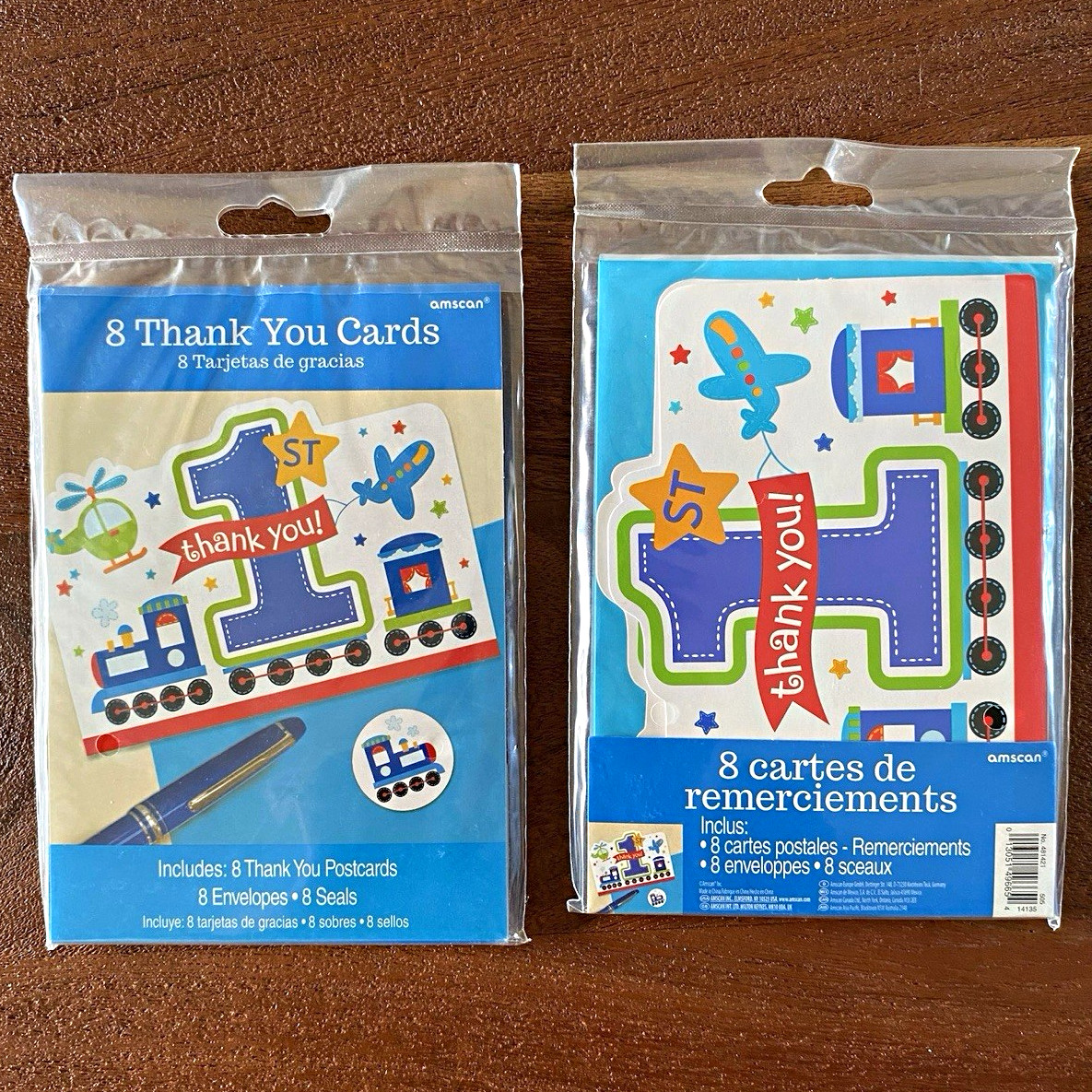 Amscan All Aboard 16ct Thank You cards planes trains cars boys 1st birthday