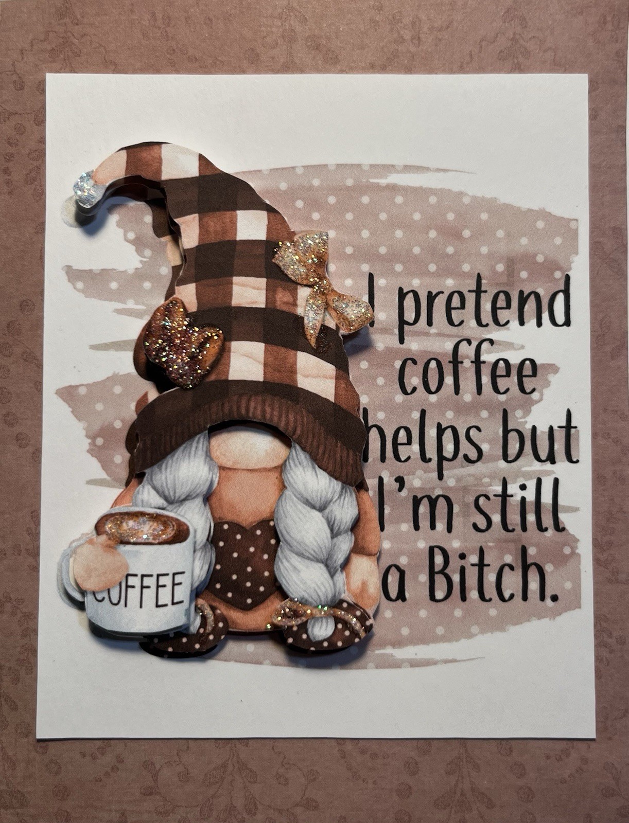 Handmade Greeting Card Art 3D Coffee Gnome SCRAPZ By Kim