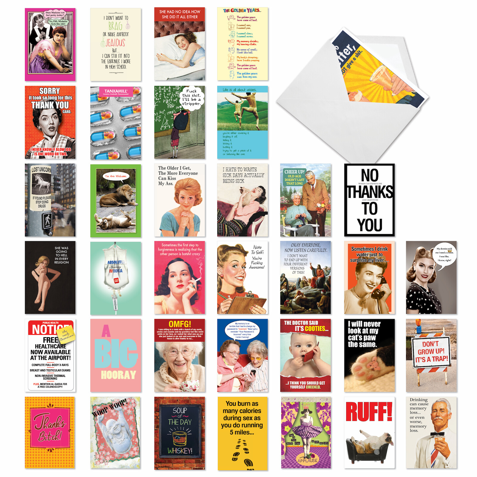 36 Asst’d Set Funny Everyday Greeting Cards w/ 5×7″ Env. – Big Laughs