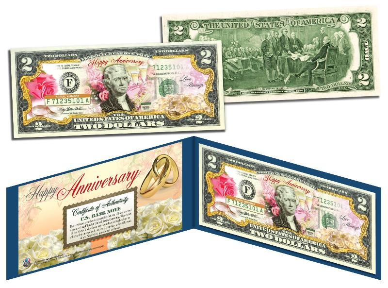 HAPPY ANNIVERSARY Keepsake Gift $2 Bill US Genuine Legal Tender with Folio & COA