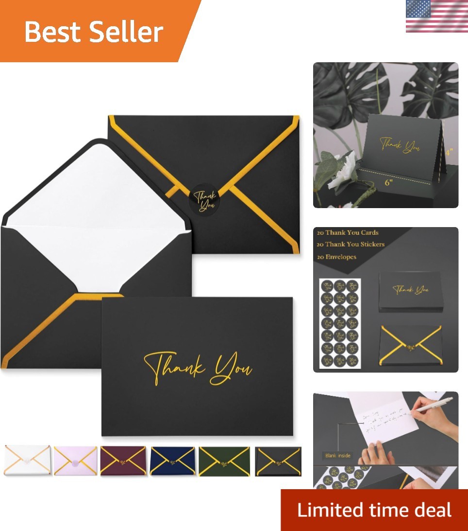 High-Quality Black Thank You Cards with Gold Foil – 20 Pack & Envelopes Included