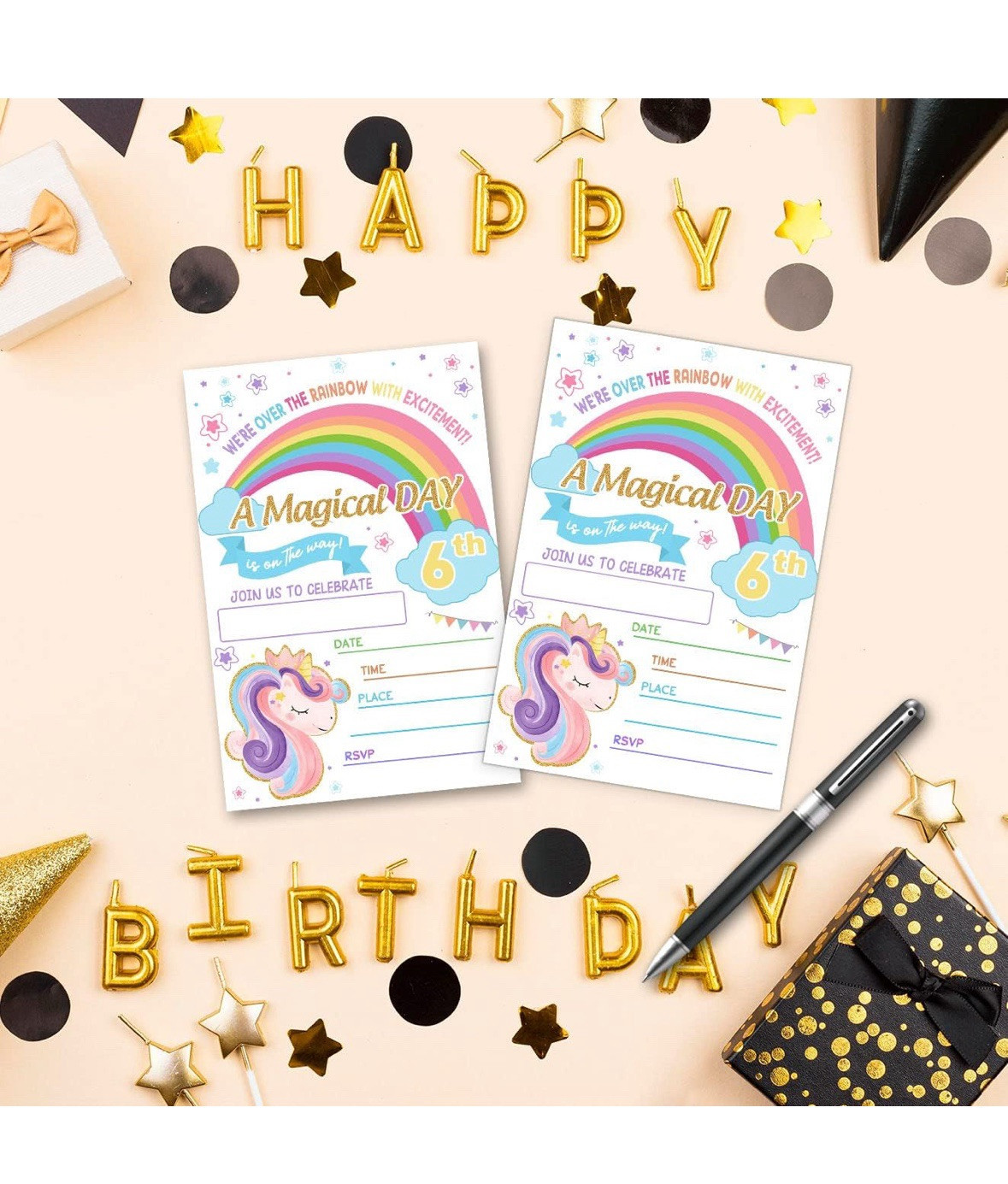 Unicorn Rainbow Themed Party Invitation for Girls 20 Count 9th Birthday