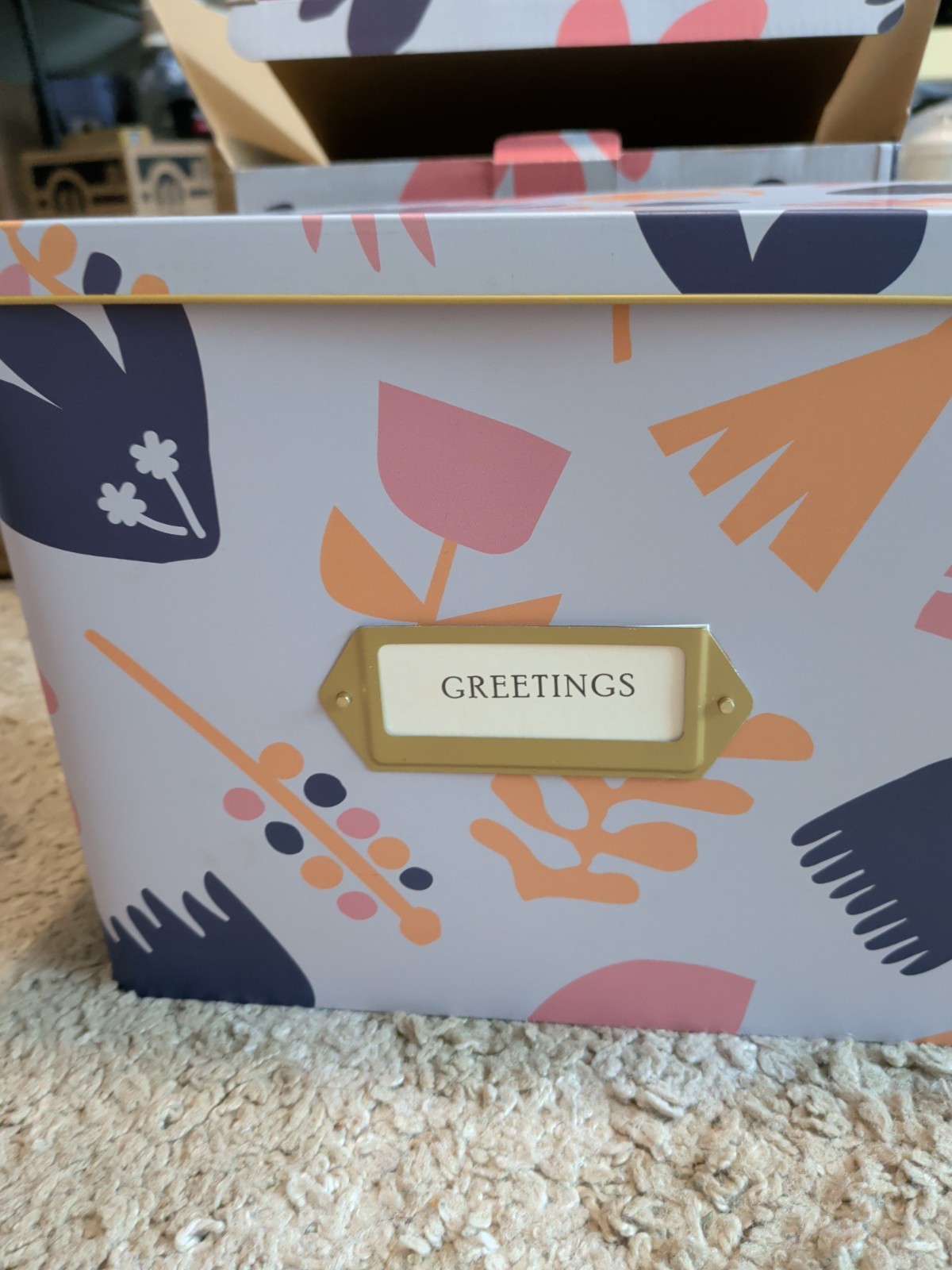 Jot & Mark Greeting Card Organizer Scandinavian Floral Tin Box W/Dividers