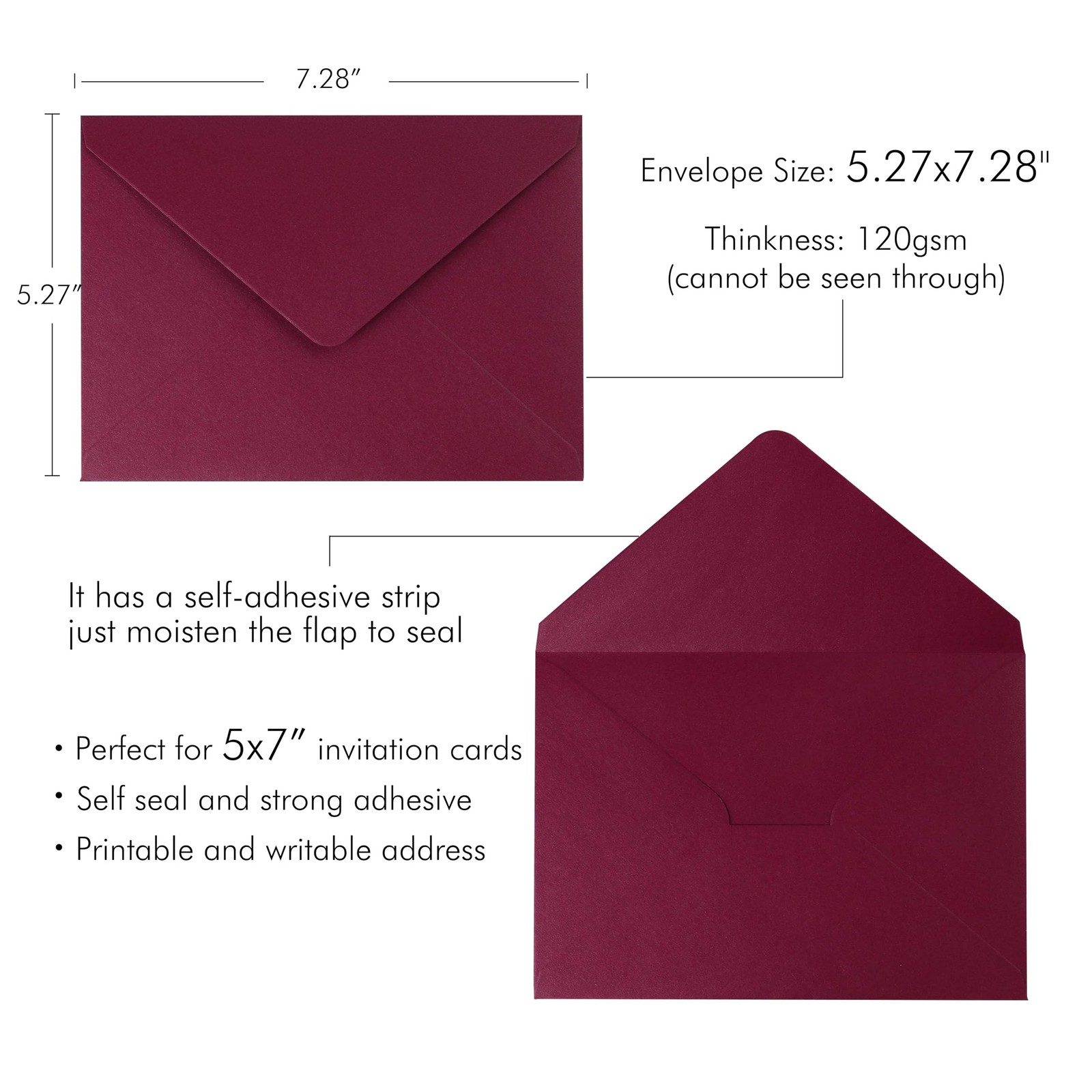 50 PCS/Pack A7 Envelopes 5.25 x 7.5” Shiny Burgundy Envelopes 5×7 envelopes