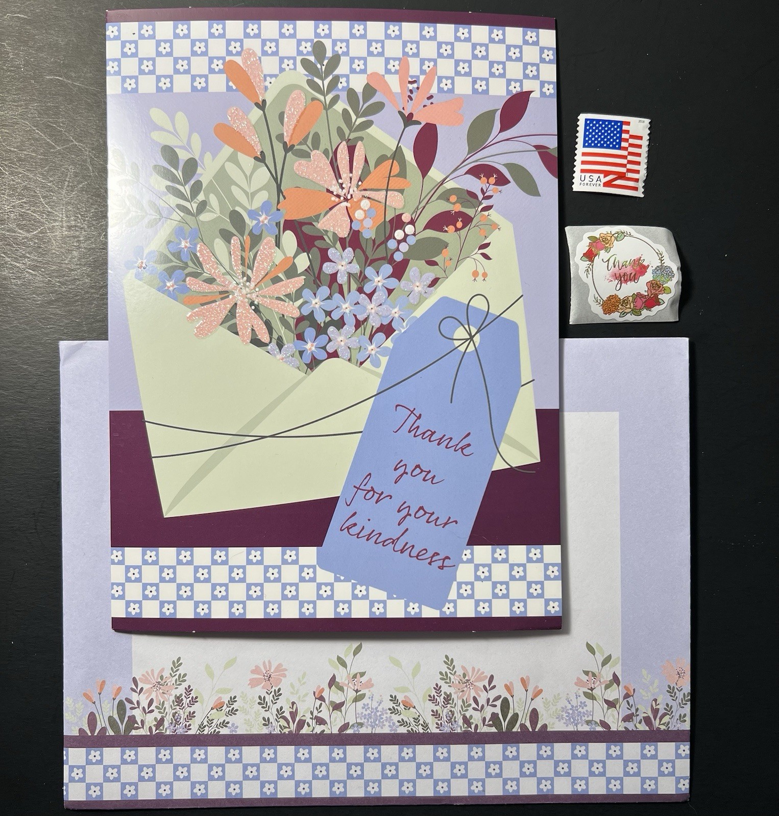 Floral Bouquet THANK YOU Card w/Full Color Interior/Env/Seal/Stamp BN Glitter