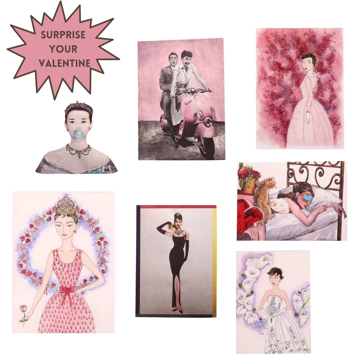 Hand Illustrated All Occasion 7 Greeting Cards Bundle – Gifts for your Valentine