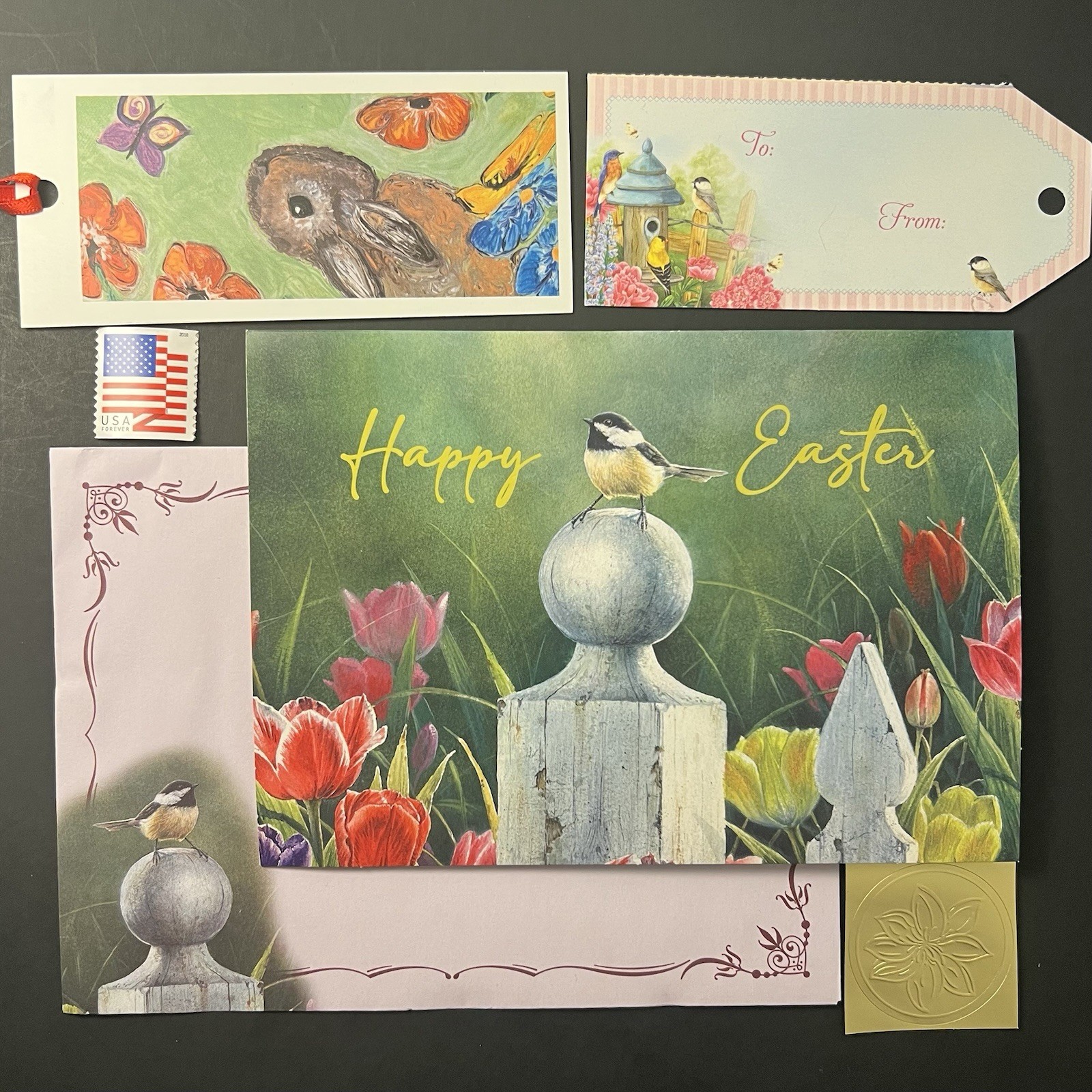 Chickadee EASTER Card Beautiful Full Color Interior! BOOKMARK/Env/Tag/Seal/Stamp