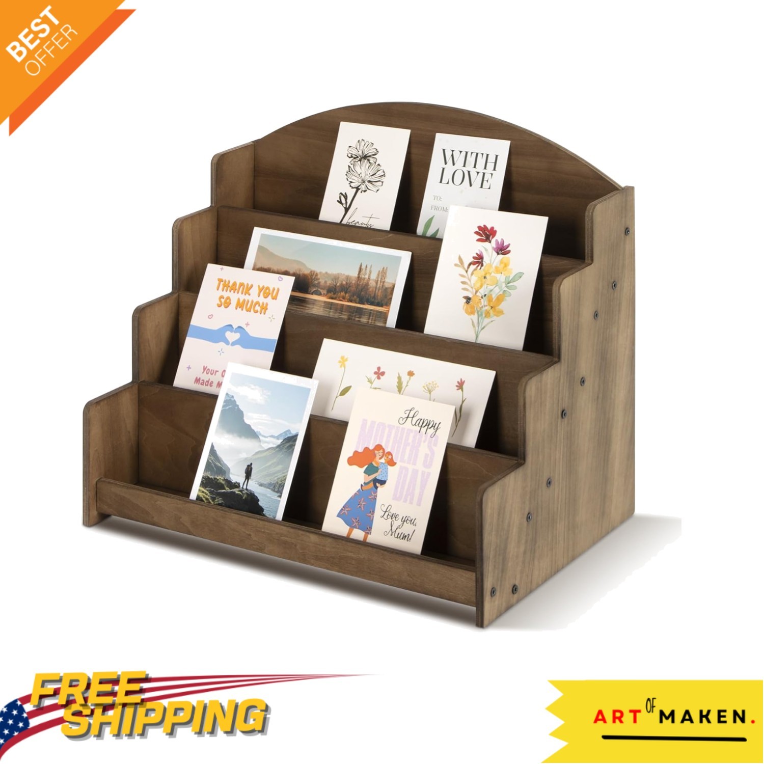 High-Quality Wooden Greeting Card Organizer – 4 Spacious Tiers for 5×7 Cards
