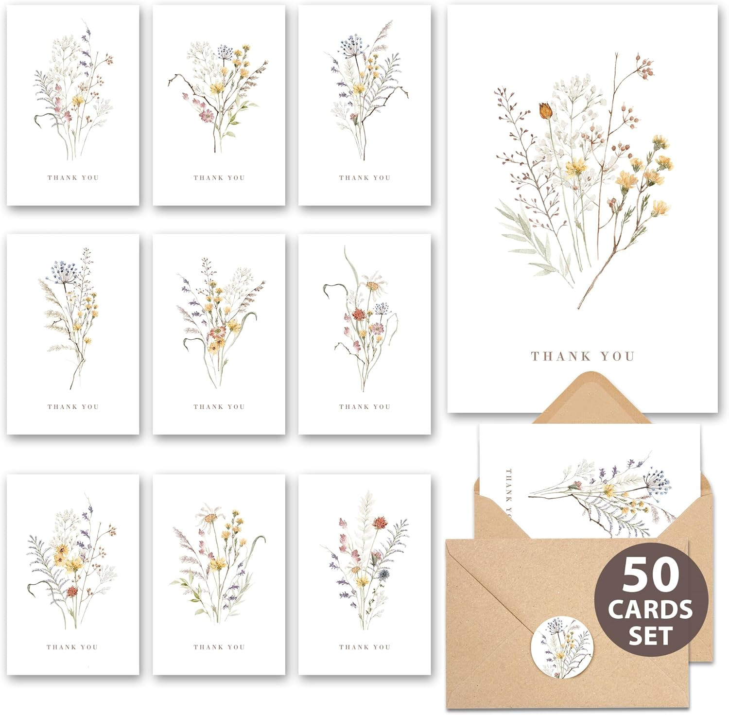 Wildflower Thank You Cards with Envelopes (50 Pack 3.5″ X 5.2″) – Floral Thank Y