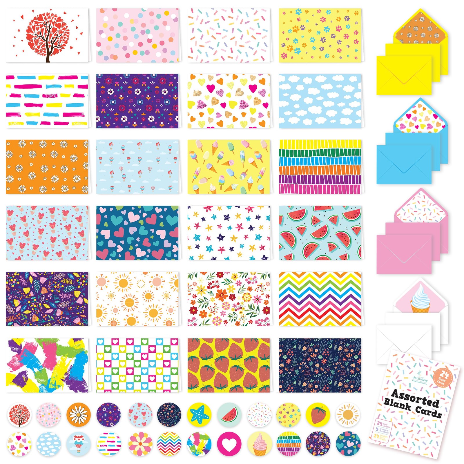 24 Pack 6x4in Assorted Blank Cards with Envelopes and Stickers, 24 Unique Col…
