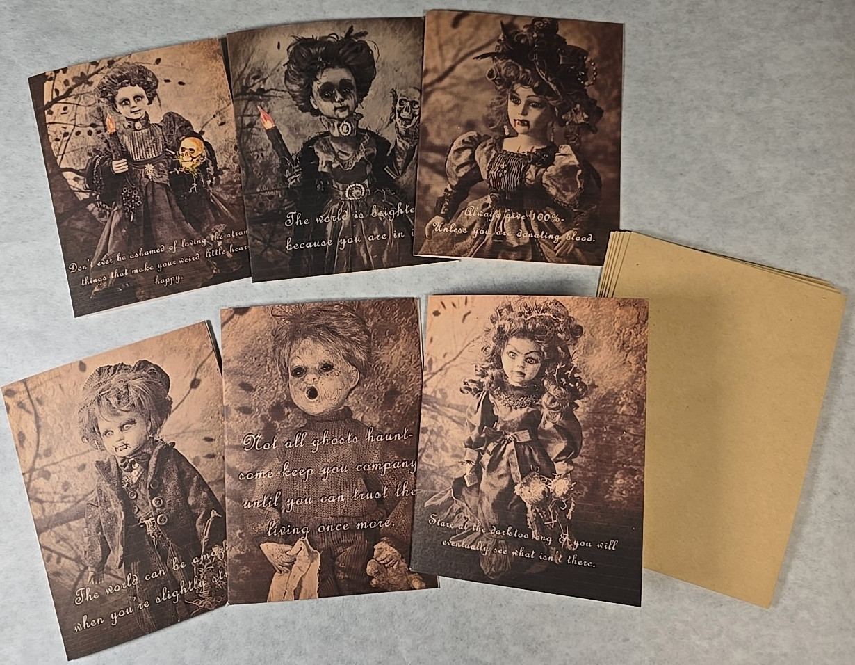 OOAK Creepy Doll Ephemera Greeting Cards Set of 6 & Envelopes Humor Encouraging