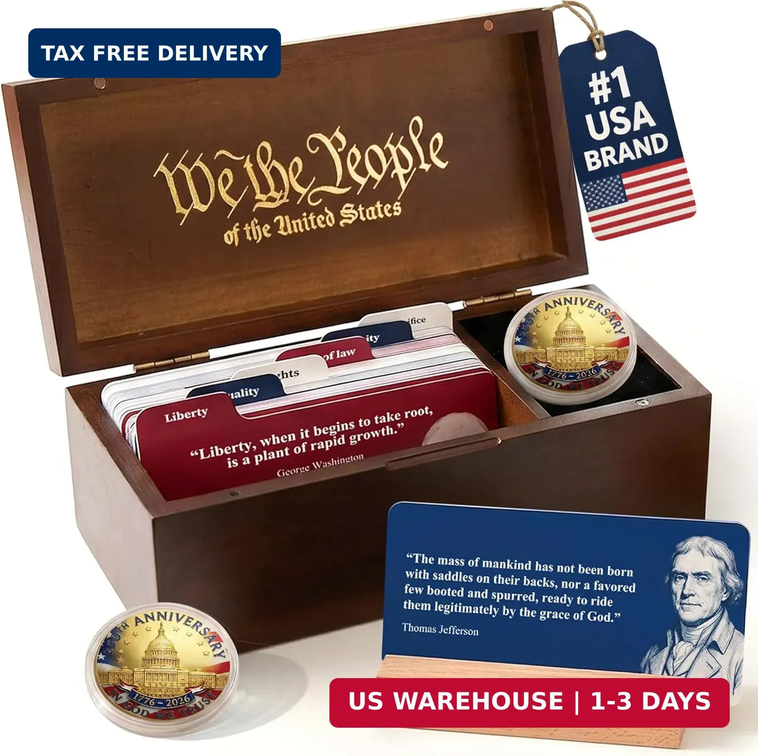 USA 250th Anniversary Keepsake Box – 120 Founding Fathers Quote Cards & Challeng