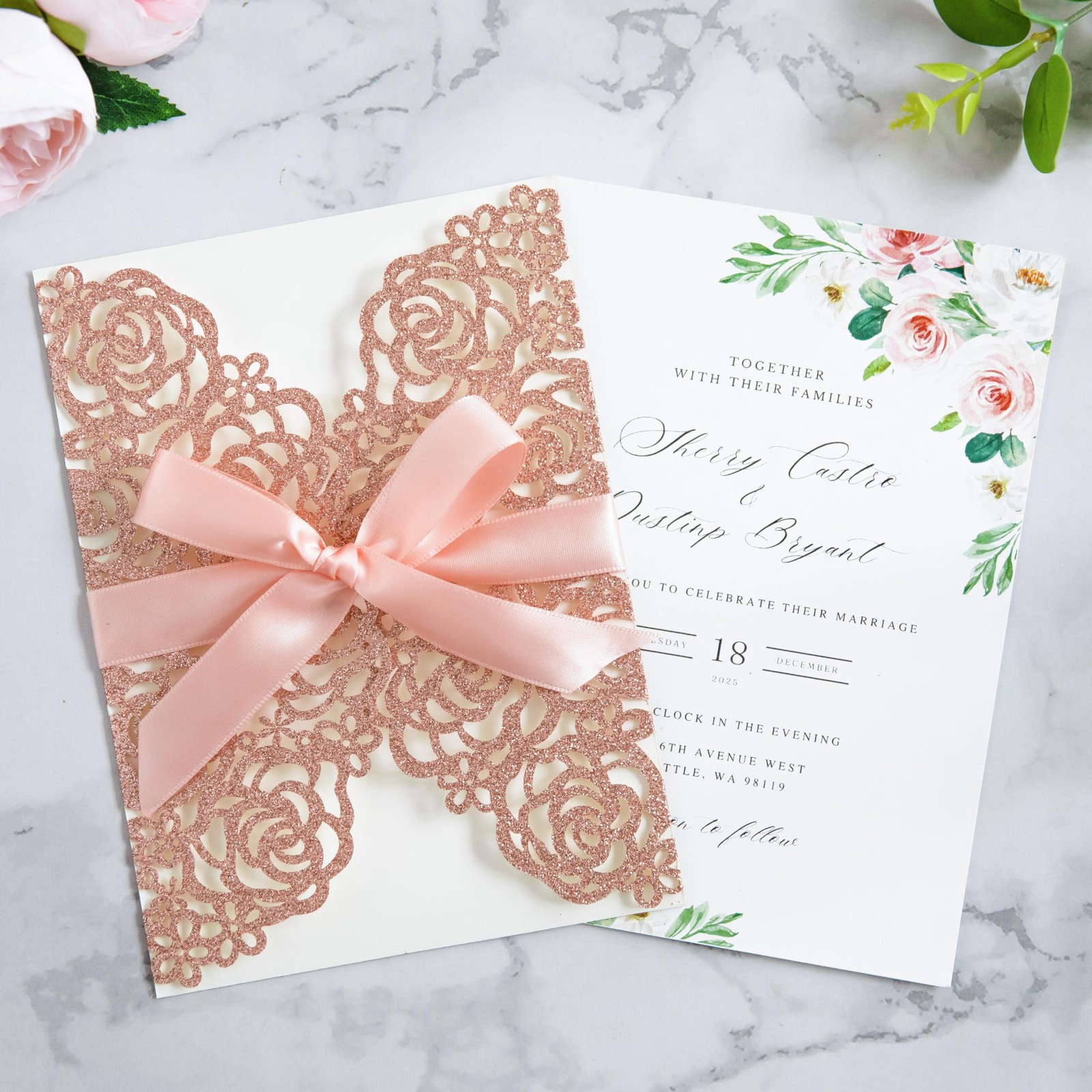 25 PCS 5.12×7.1 Inch Rose Gold Glitter Wedding Invitations Cards Envelopes