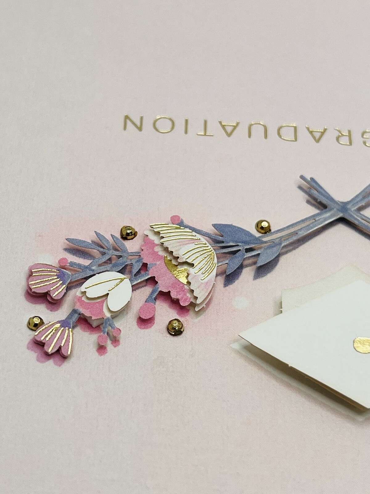 Graduation Card 3D Cutout Pink Floral Gold Foil, Beaded Hallmark Card NEW