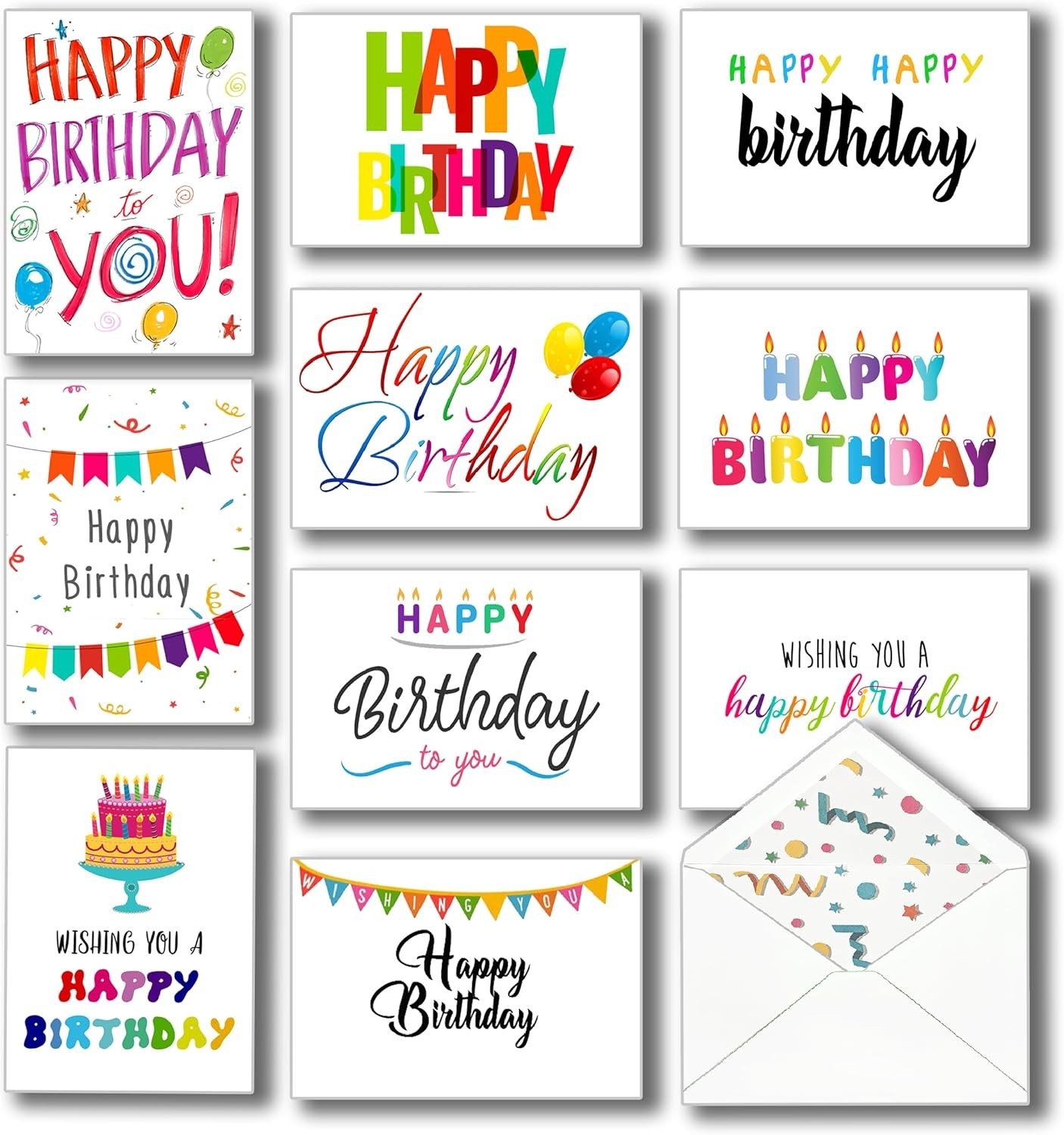 Bulk Happy Birthday Greeting Cards Set – 10 Designs