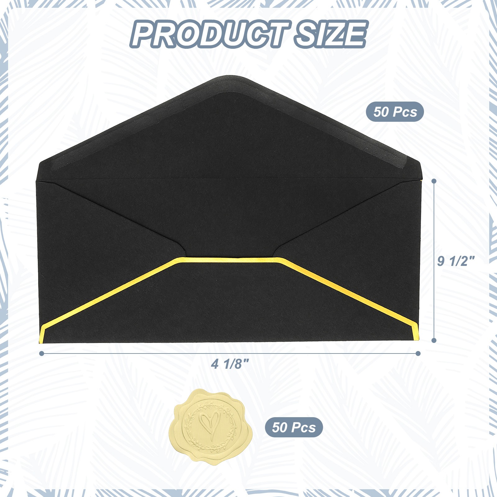 4 1/8 x 9 1/2 Inch Envelopes with Gold Border, 50 Pack V Flap, Black