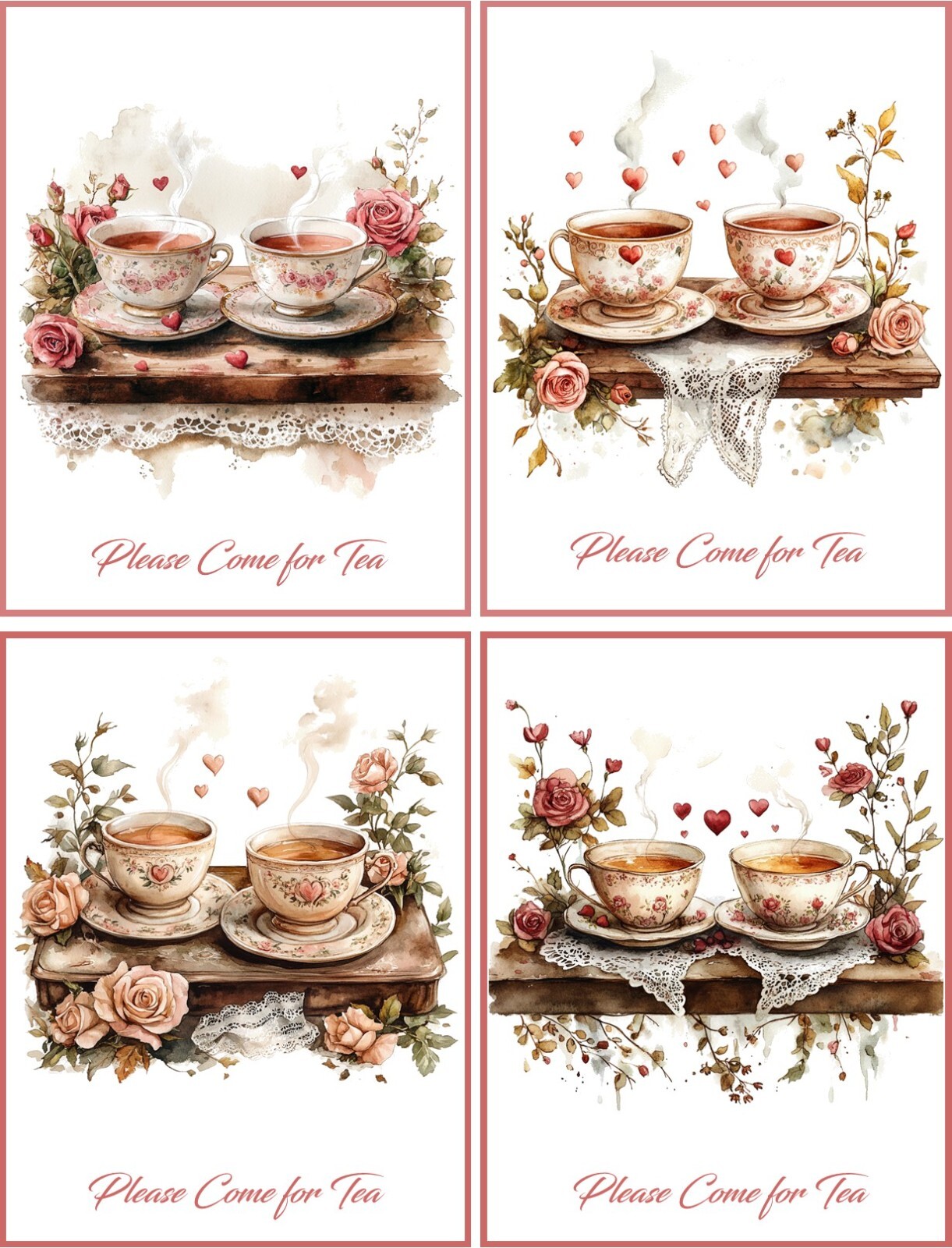 8 TEA PARY INVITATION VINTAGE TEA CUPS TEA POTS FOLD OUT GLOSSY CARDS ENVELOPES