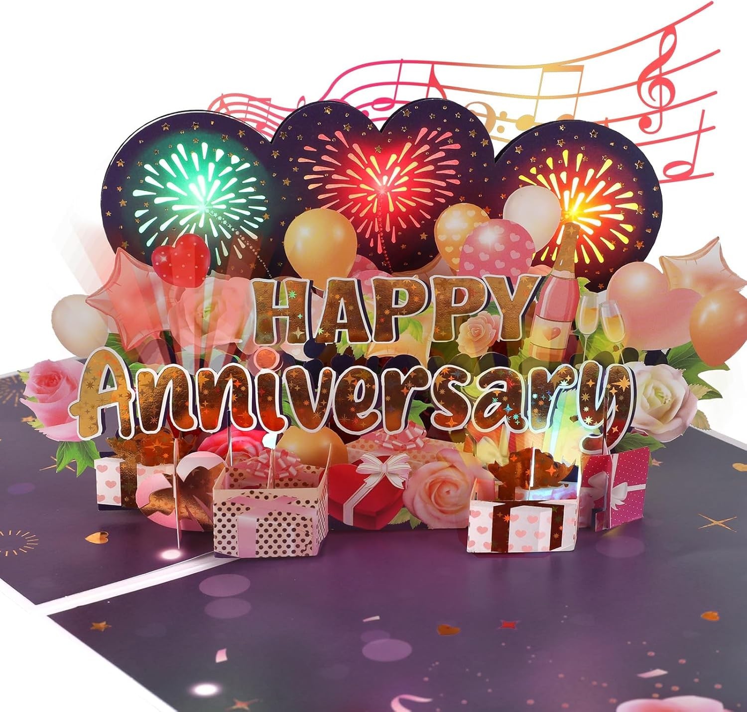Anniversary Card with Colorful Lights and Music, 3D Pop Up Fireworks Romantic An