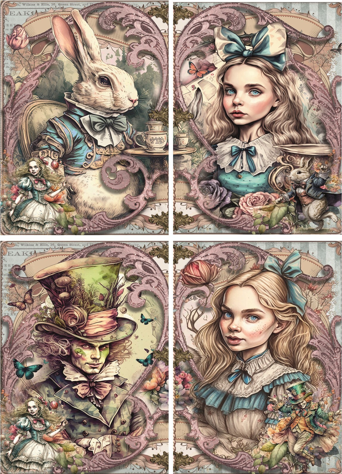 8 Alice in Wonderland Mad Hatter Tea Party glossy blank note card envelopes